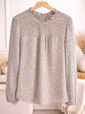 Boden Floral Smocked Blouse Size 12 Preloved Long Sleeve Ruffle Neck MSRP $98